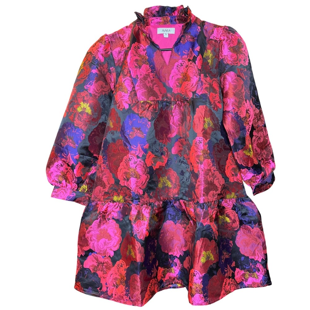 Avara Floral Brocade Mini Dress Pink Purple Red Ruffle Neck Tiered Small